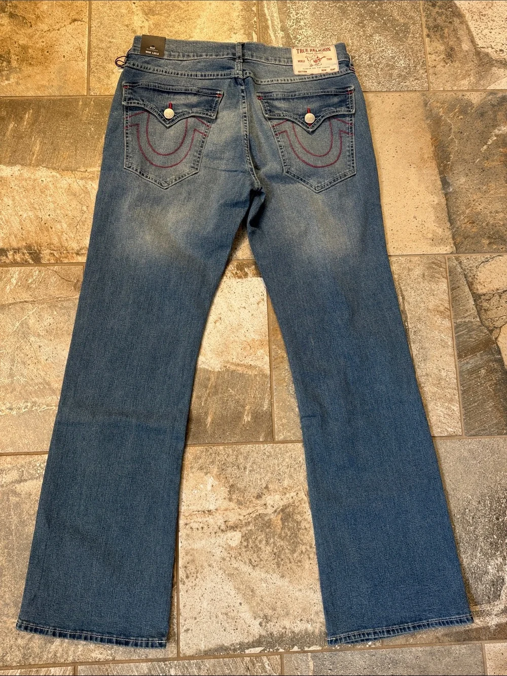 True Religion Blue Denim Jeans with Red & Black Patch